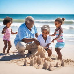 A heartwarming scene of black grandparents enjoying a sunny day at the beach with their grandchildren