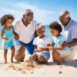 A heartwarming scene of black grandparents enjoying a sunny day at the beach with their grandchildren