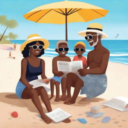 A black family at the beach with grandkids