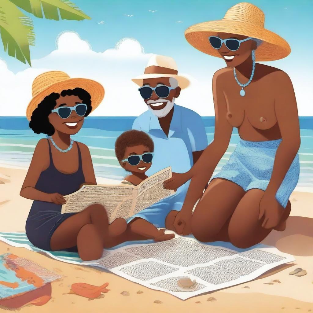 A black family at the beach with grandkids