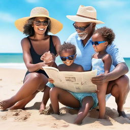 A black family at the beach with grandkids