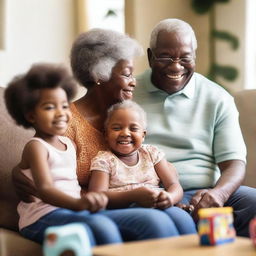 A heartwarming scene of African American grandparents spending quality time with their grandchildren