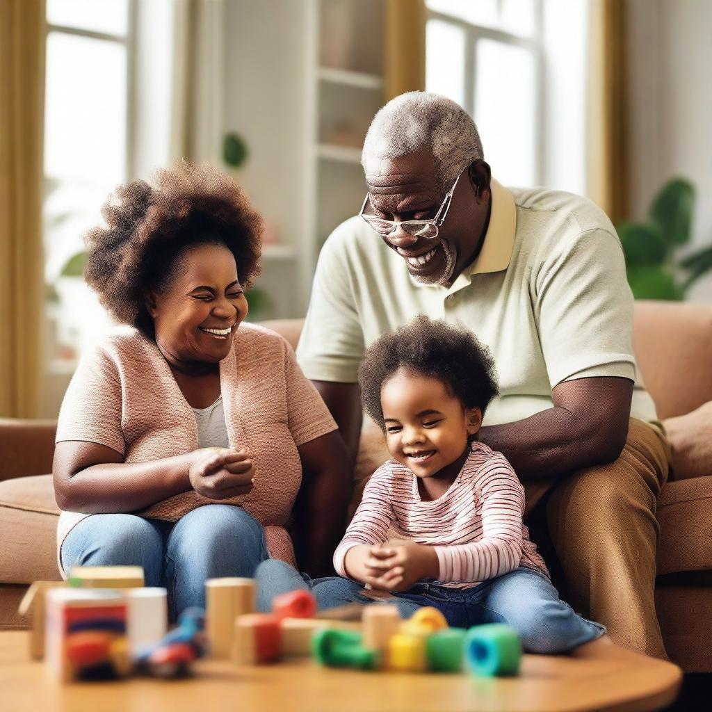 A heartwarming scene of African American grandparents spending quality time with their grandchildren