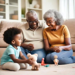 A heartwarming scene of African American grandparents spending quality time with their grandchildren