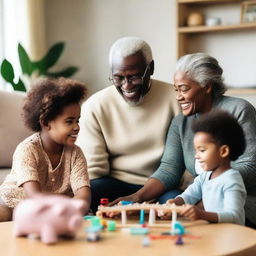 A heartwarming scene of African American grandparents spending quality time with their grandchildren