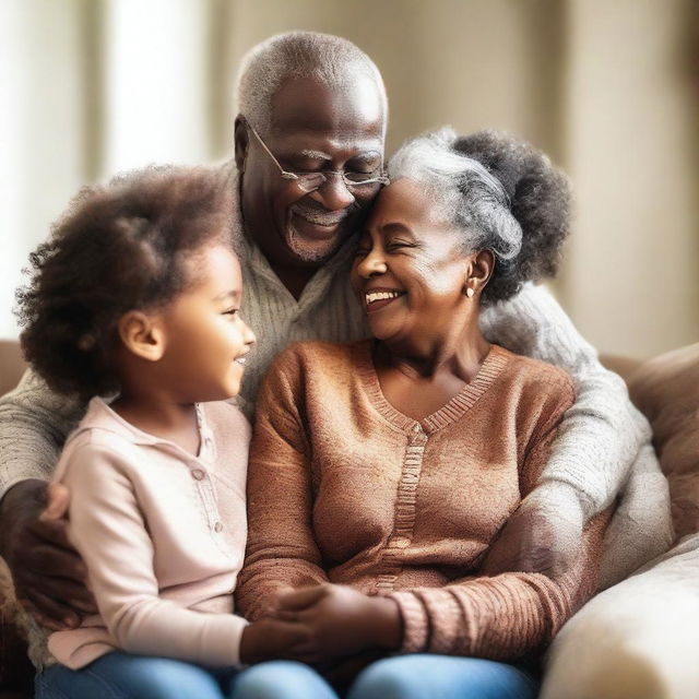 A heartwarming scene of African American grandparents showing love to their grandchildren