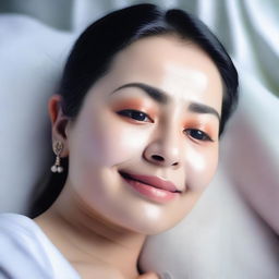 Gambar seorang ratu Kerajaan yang cantik sedang tidur di atas ranjang, mengenakan gaun Kerajaan dengan bagian dada yang terlihat agak jelas