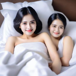 Gambar seorang ratu Kerajaan yang cantik sedang tidur di atas ranjang, mengenakan gaun Kerajaan dengan bagian dada yang terlihat agak jelas