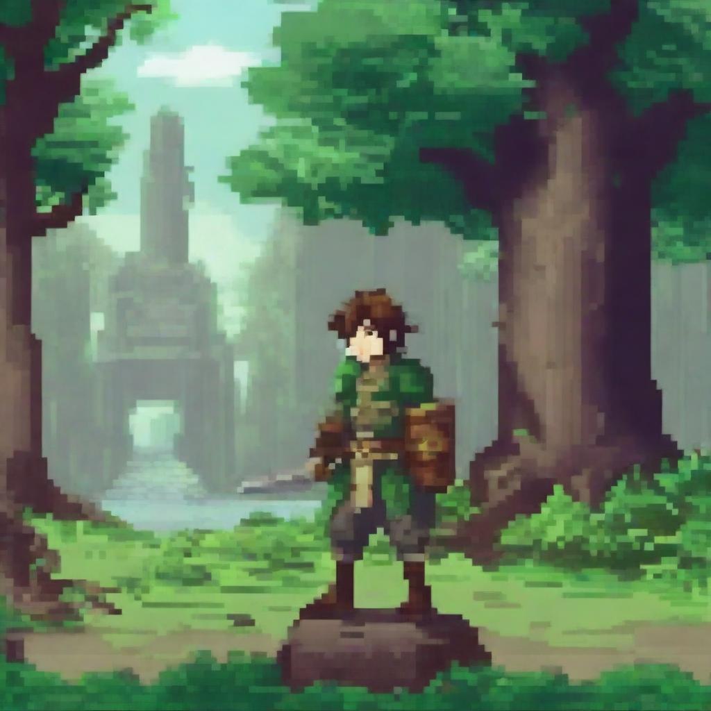 Create a pixel art image of an adventurer in a fantasy setting