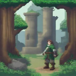 Create a pixel art image of an adventurer in a fantasy setting