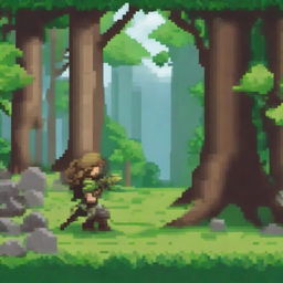 Create a pixel art image of an adventurer in a fantasy setting