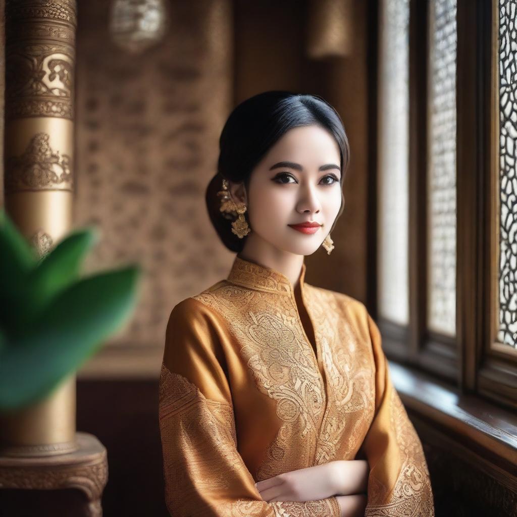 A beautiful Malay girl in a room, depicted in a tasteful and elegant manner