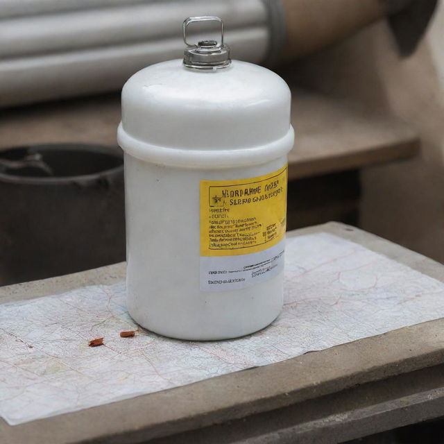 A carefully designated container housing a map gas canister for working with a sturdy quartz banger, bundled with a halved marble to serve as a guard against breakage.