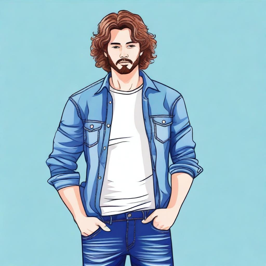 Create an image of a man with wavy hair wearing blue jeans clothing