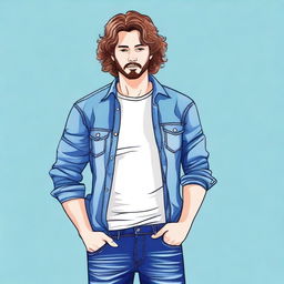 Create an image of a man with wavy hair wearing blue jeans clothing