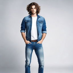 Create an image of a man with wavy hair wearing blue jeans clothing