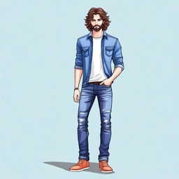 Create an image of a man with wavy hair wearing blue jeans clothing