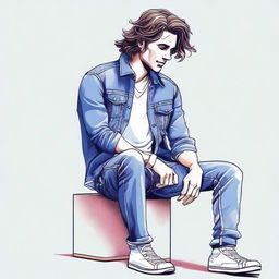 Create an image of a man with wavy hair wearing blue jeans clothing