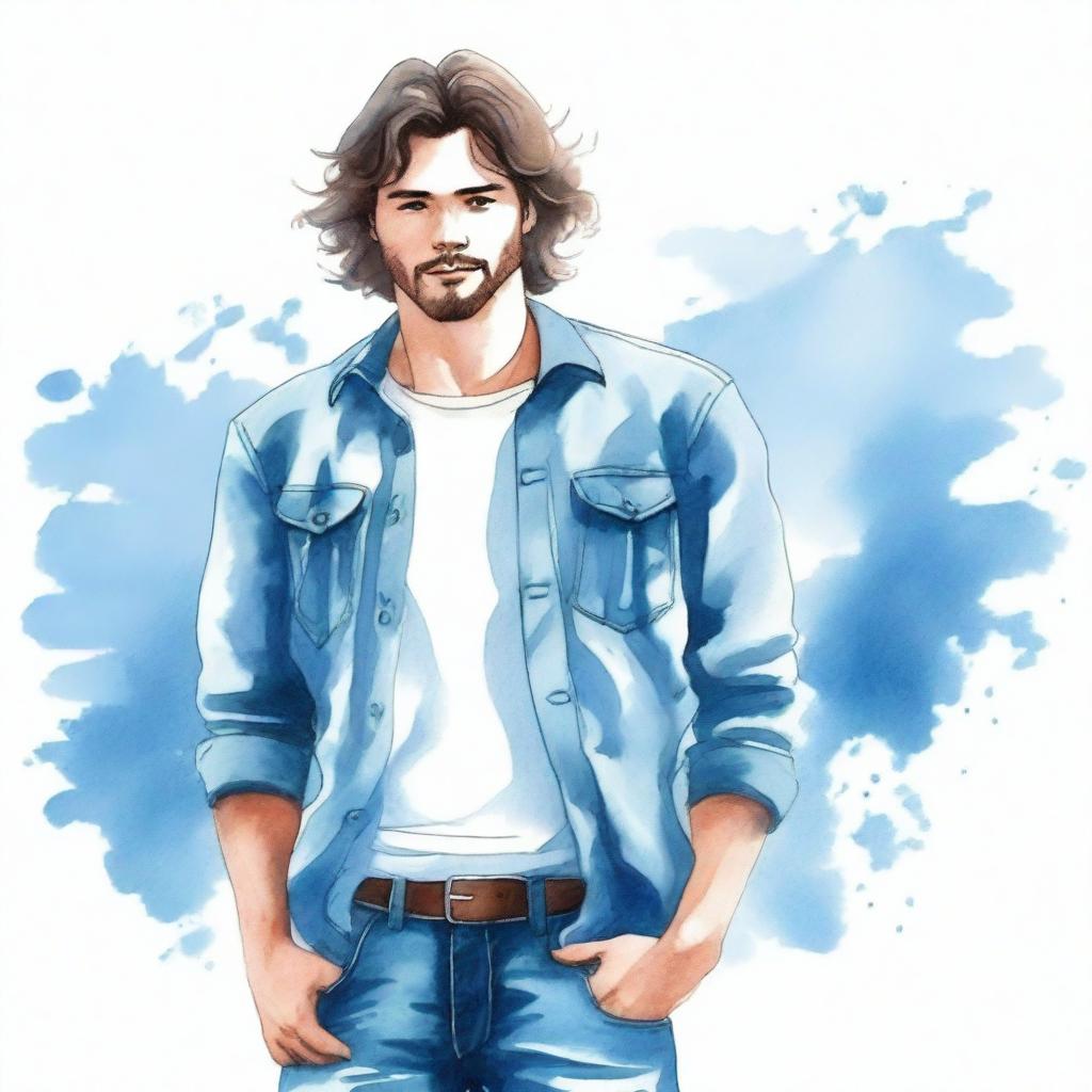 Create a watercolor-style drawing of a man with wavy hair wearing blue jeans clothing