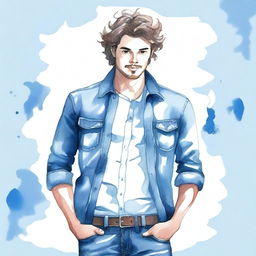 Create a watercolor-style drawing of a man with wavy hair wearing blue jeans clothing