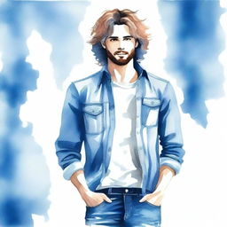 Create a watercolor-style drawing of a man with wavy hair wearing blue jeans clothing