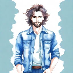 Create a watercolor-style drawing of a man with wavy hair wearing blue jeans clothing