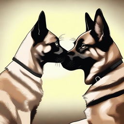 A heartwarming scene depicting a forbidden love between a female Siamese cat and a male German Shepherd