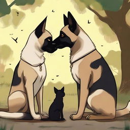 A heartwarming scene depicting a forbidden love between a female Siamese cat and a male German Shepherd