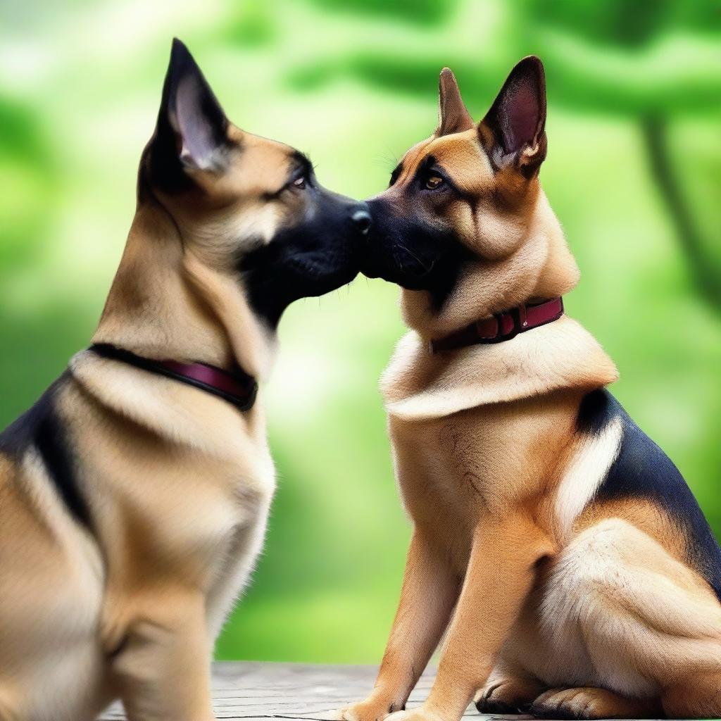 A heartwarming scene depicting a forbidden love between a female Siamese cat and a male German Shepherd