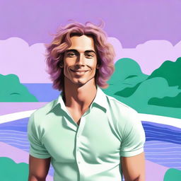 Create an image of a tan-skinned man with wavy hair on a background of lilac and pool green