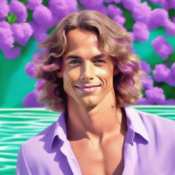 Create an image of a tan-skinned man with wavy hair on a background of lilac and pool green