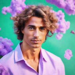 Create an image of a tan-skinned man with wavy hair on a background of lilac and pool green