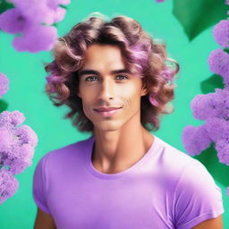 Create an image of a tan-skinned man with wavy hair on a background of lilac and pool green