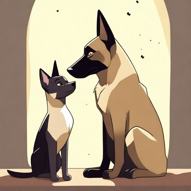 A heartwarming scene depicting a forbidden love between a short female Siamese cat and a tall male German Shepherd