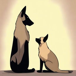 A heartwarming scene depicting a forbidden love between a short female Siamese cat and a tall male German Shepherd