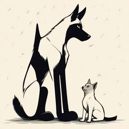 A heartwarming scene depicting a forbidden love between a short female Siamese cat and a tall male German Shepherd