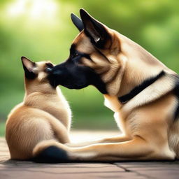 A heartwarming scene depicting a forbidden love between a short female Siamese cat and a tall male German Shepherd