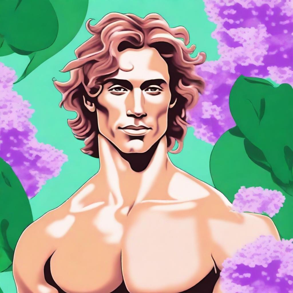 Create a drawing of a tan-skinned man with wavy hair set against a background of lilac and pool green