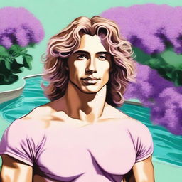 Create a drawing of a tan-skinned man with wavy hair set against a background of lilac and pool green