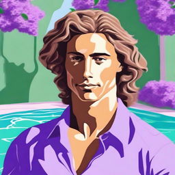 Create a drawing of a tan-skinned man with wavy hair set against a background of lilac and pool green