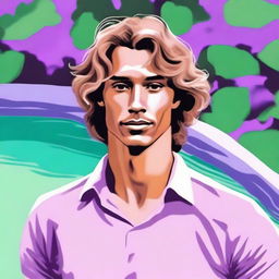 Create a drawing of a tan-skinned man with wavy hair set against a background of lilac and pool green