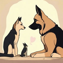 A heartwarming scene depicting a forbidden love between a short female Munchkin cat and a tall male German Shepherd