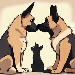 A heartwarming scene depicting a forbidden love between a short female Munchkin cat and a tall male German Shepherd