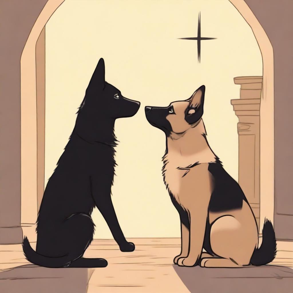 A heartwarming scene depicting a forbidden love between a short female Munchkin cat and a tall male German Shepherd