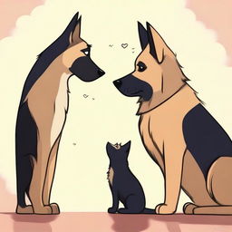 A heartwarming scene depicting a forbidden love between a short female Munchkin cat and a tall male German Shepherd