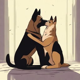 A heartwarming scene depicting a forbidden love between a short female cat and a tall male German Shepherd