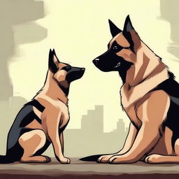 A heartwarming scene depicting a forbidden love between a short female cat and a tall male German Shepherd