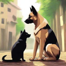 A heartwarming scene depicting a forbidden love between a short female cat and a tall male German Shepherd