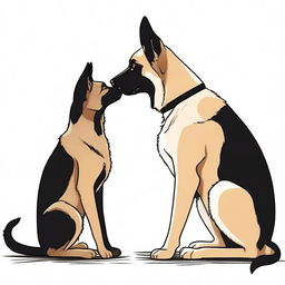 A heartwarming scene depicting a forbidden love between a short female cat and a tall male German Shepherd