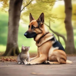 A heartwarming scene showing a tall German Shepherd falling in love with a short female cat